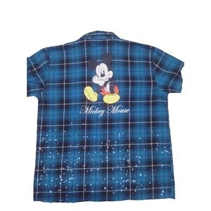 Disney x BooHooMan Mens Flannel Shirt XL Mickey Mouse Distressed Plaid Blue